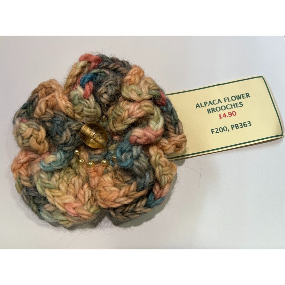 Hand Knitted Alpaca Flower Brooch Corsage: Multicolor Llama Wool‎ made Pin Gift